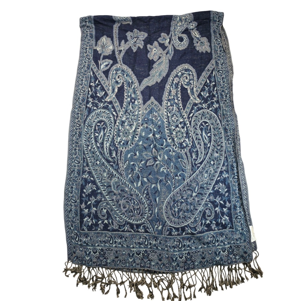 Eyeful Navy Blue Paisley Wool Blend Pashmina Shawl Wrap Fringed Scarf